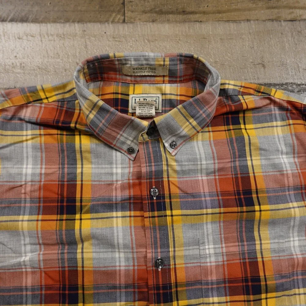 L.L.Bean Wrinkle-Free Plaid Button‎ Down Shirt Men’s Large Tall Orange Gray